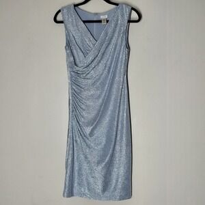 Cache Icy Blue Metallic Draped V Neck Midi Cocktail Dress Womens 6 Y2K Glam